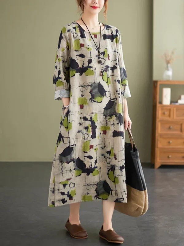AnGenk Cotton Linen Spring Printed Casual Dress - Image 4