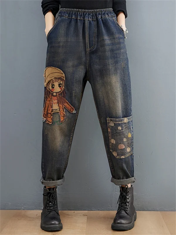 Cartoon Embroidery Harem Denim Pants – Women’s High Waist - Image 2