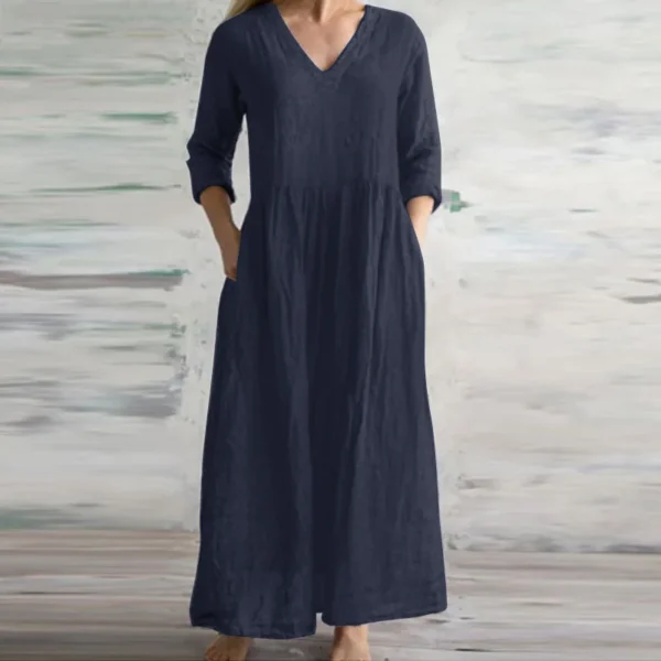 MsChuh Cotton Linen Loose V-Neck Long Casual Dress - Image 3