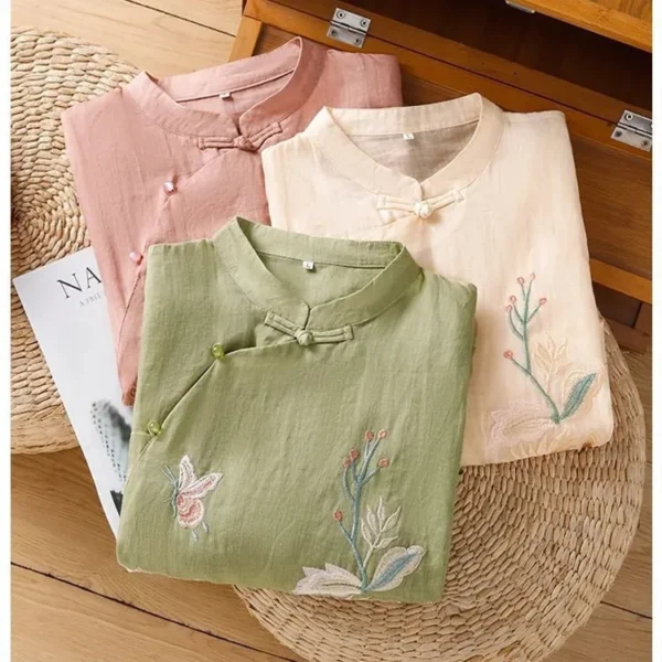 Women’s Embroidered Cotton-Linen Summer Blouse - Image 3