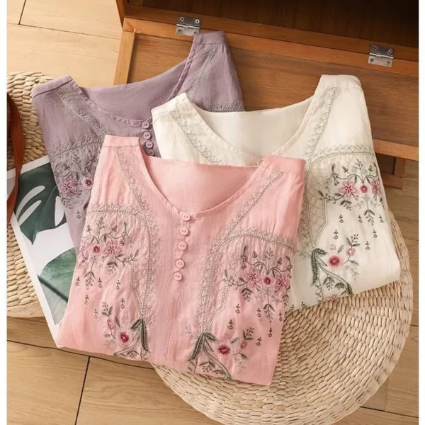 Women’s Summer Casual Cotton-Linen Embroidered Blouse - Image 6