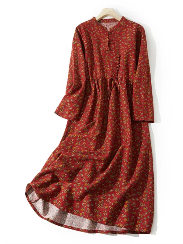 AnGenk Autumn Cotton Linen Vintage Printed Dress - Image 5