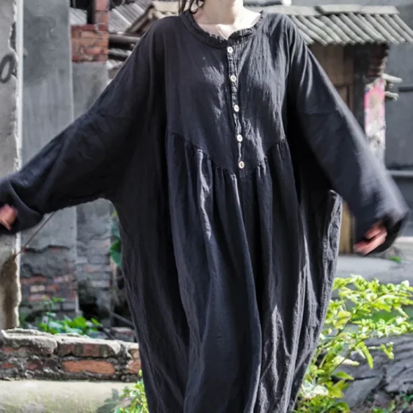 Retro Cotton Linen Lantern Sleeve Maxi Dress for Women - Image 2