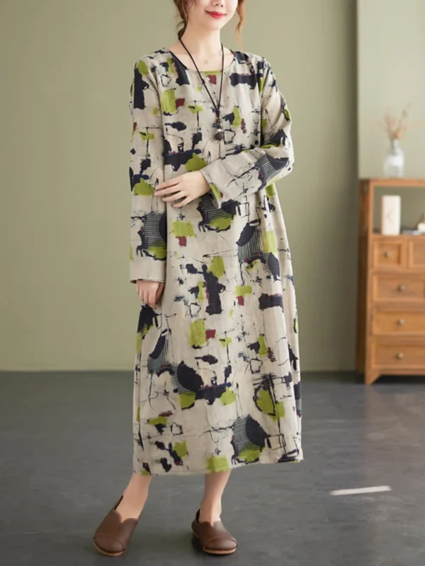 AnGenk Cotton Linen Spring Printed Casual Dress - Image 3