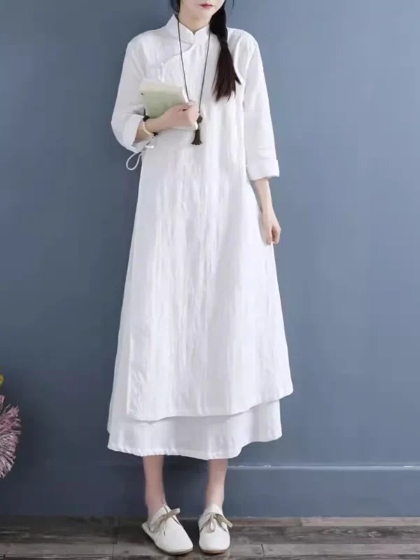 NYFS 2025 Spring Women’s Layered Cotton Linen Dress - Image 3