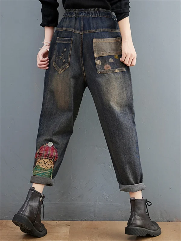 Cartoon Embroidery Harem Denim Pants – Women’s High Waist - Image 3