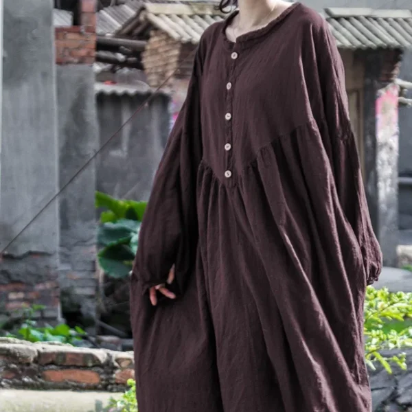 Retro Cotton Linen Lantern Sleeve Maxi Dress for Women - Image 5
