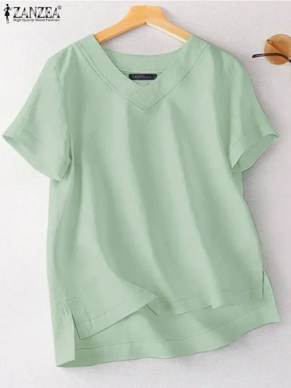 ZANZEA Women Summer Oversized Cotton V-Neck Blouse - Image 4