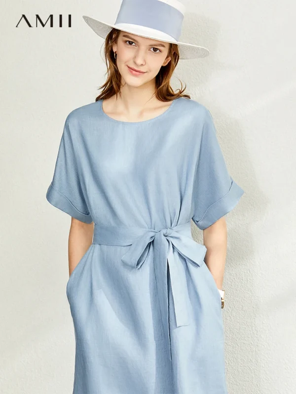 AMII Minimalist women 100% Linen O-Neck Summer Dress - Image 2