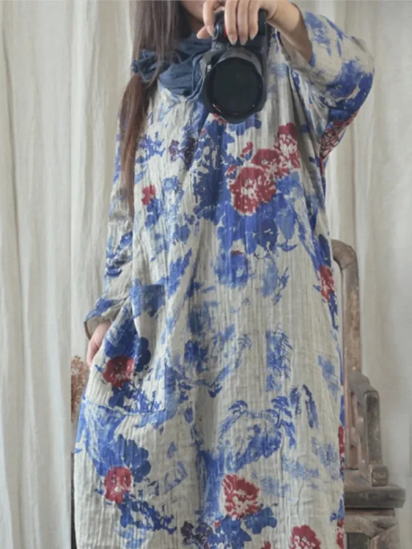 Women Autumn Loose Cotton Linen Chinese Style Dress - Image 4