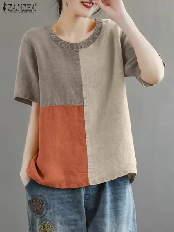 ZANZEA Women’s Patchwork Cotton Linen Blouse - Image 5