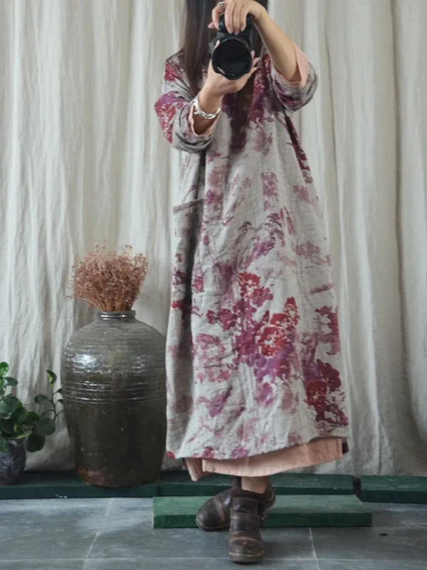 Women Autumn Loose Cotton Linen Chinese Style Dress - Image 3