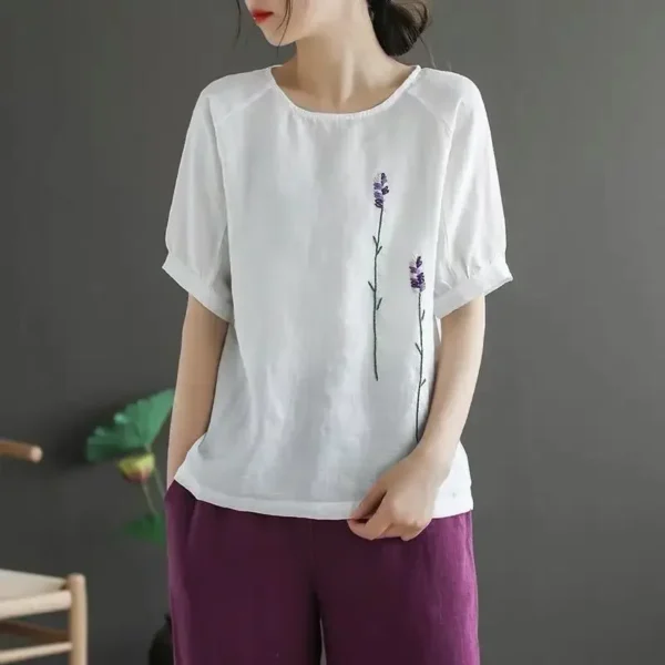 100% Cotton Embroidered Loose Pullover Casual Top – White - Image 3