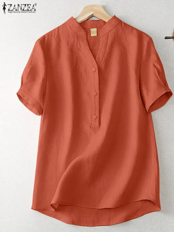 ZANZEA Women’s Summer Elegant Cotton Short Sleeve Blouse - Image 3