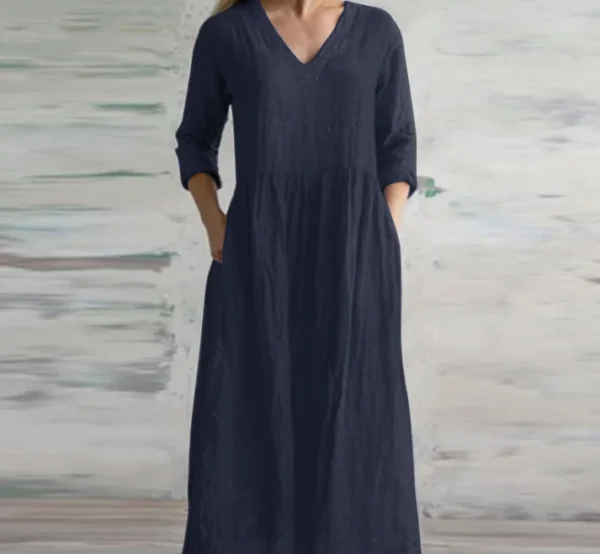 MsChuh Cotton Linen Loose V-Neck Long Casual Dress - Image 5