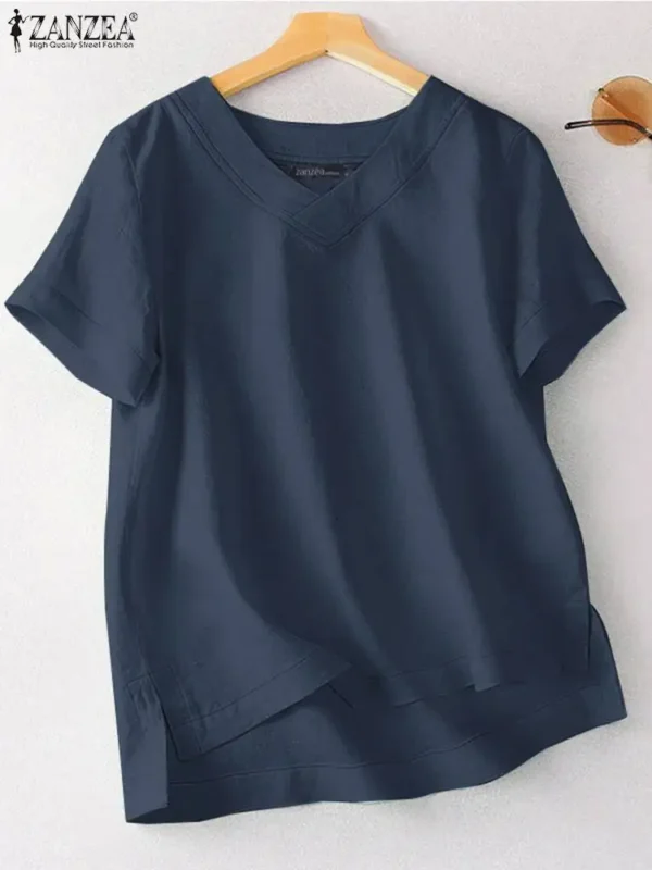 ZANZEA Women Summer Oversized Cotton V-Neck Blouse - Image 3