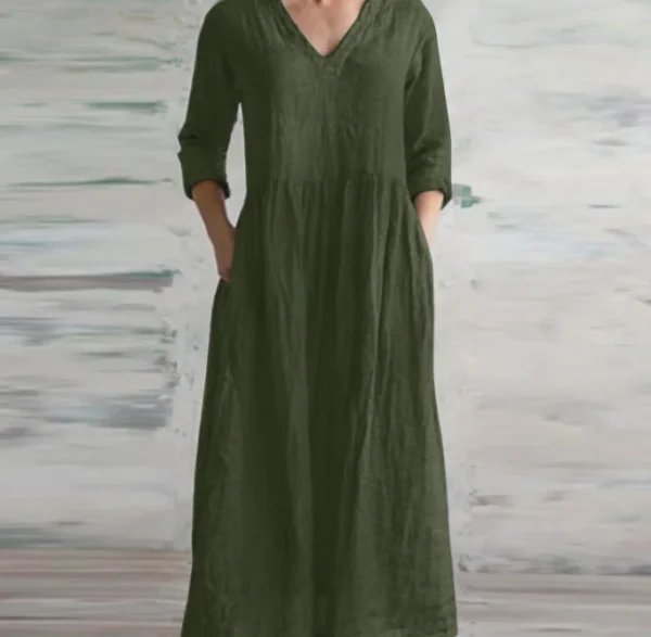 MsChuh Cotton Linen Loose V-Neck Long Casual Dress - Image 6