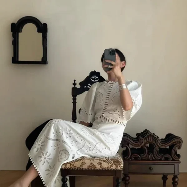 Women’s Romantic Embroidered Cotton & Linen Dress – Spring - Image 4