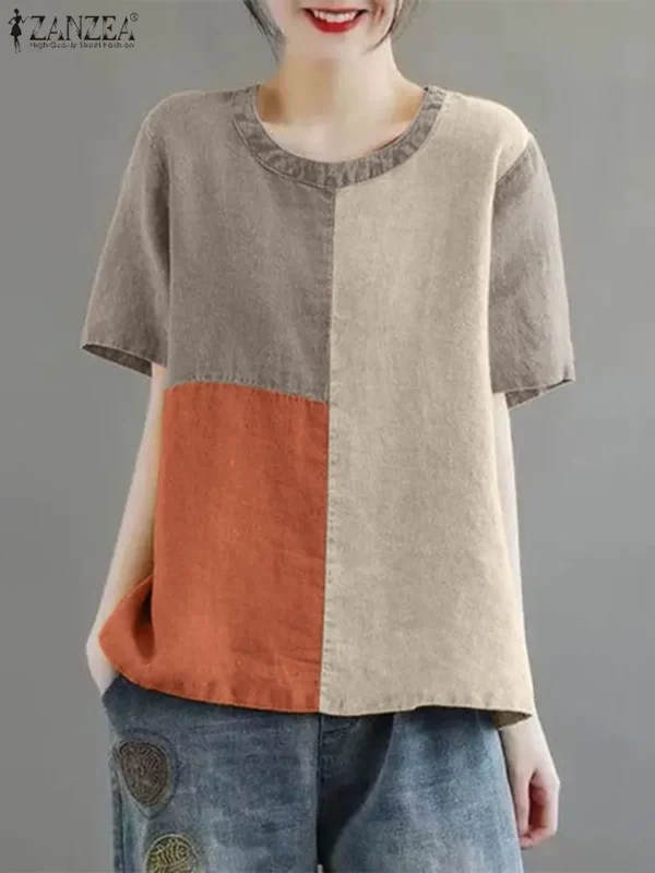 ZANZEA Women’s Patchwork Cotton Linen Blouse - Image 6